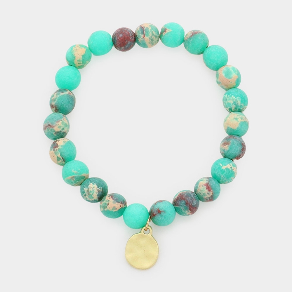 Natural Stone Hammered Metal Charm Stretch Bracelet